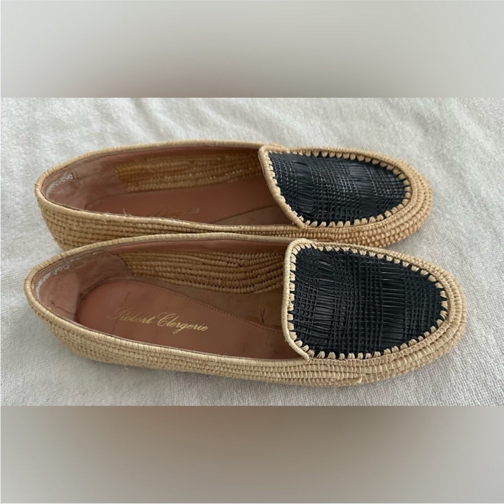 ROBERT CLERGERIE Natural Raffia Loafers with Black Woven Toe! Size 39.5 ✨